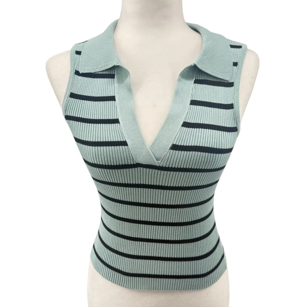 Tiffany Blue Striped Sleeveless Knit Top - Picture 1 of 4